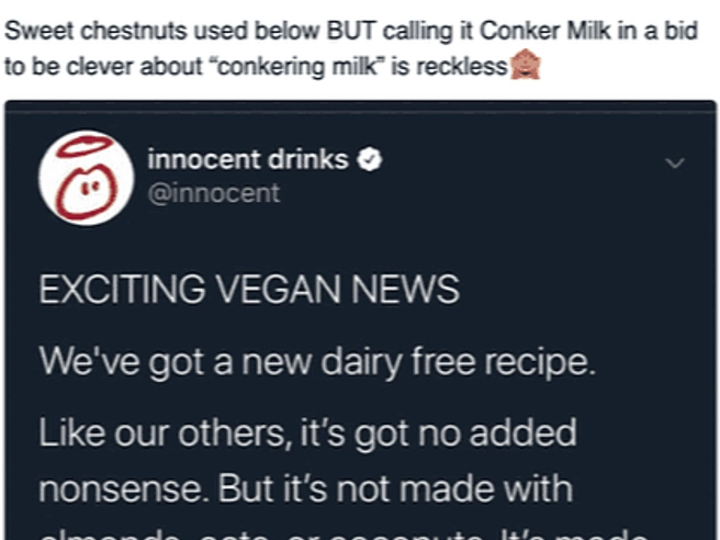Tweet about Innocent's tweet on conker milk