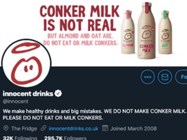 Innocent's twitter banner featuring conker milk