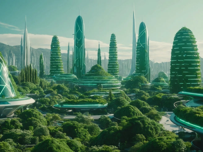 AI generated image of a green futuristic city.