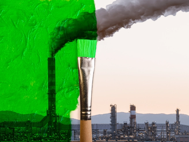Paintbrush painting polluting chimneys green.