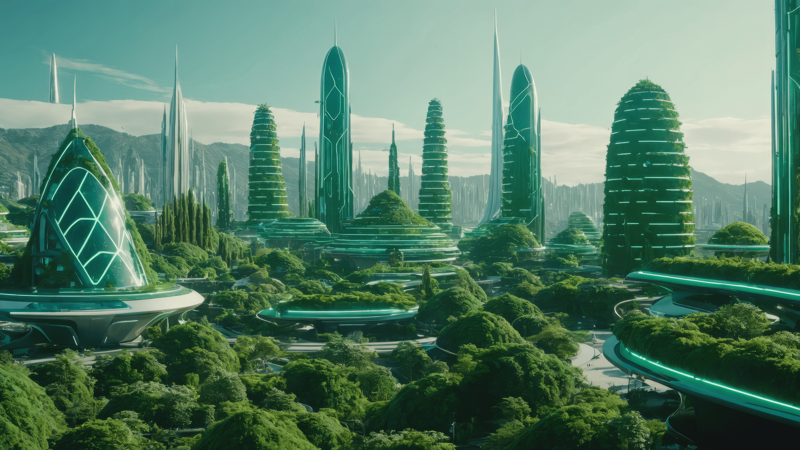 AI generated image of a green futuristic city.