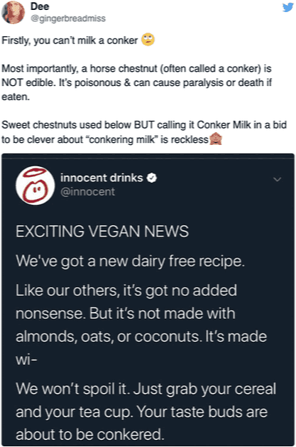 Tweet about Innocent's tweet on conker milk
