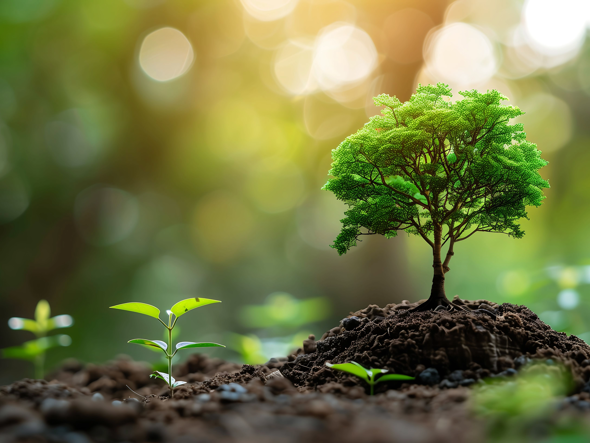 Small tree growing out of soil.